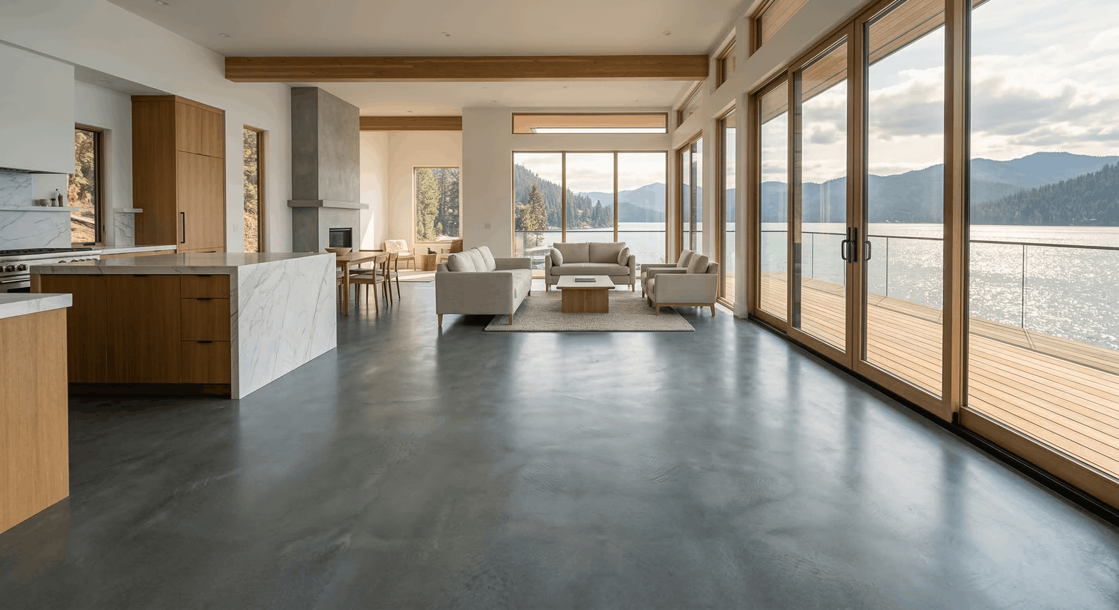CDA epoxy floor coatings — micro concrete floor in Coeur d'Alene ID lakefront home by Crimbo Coatings